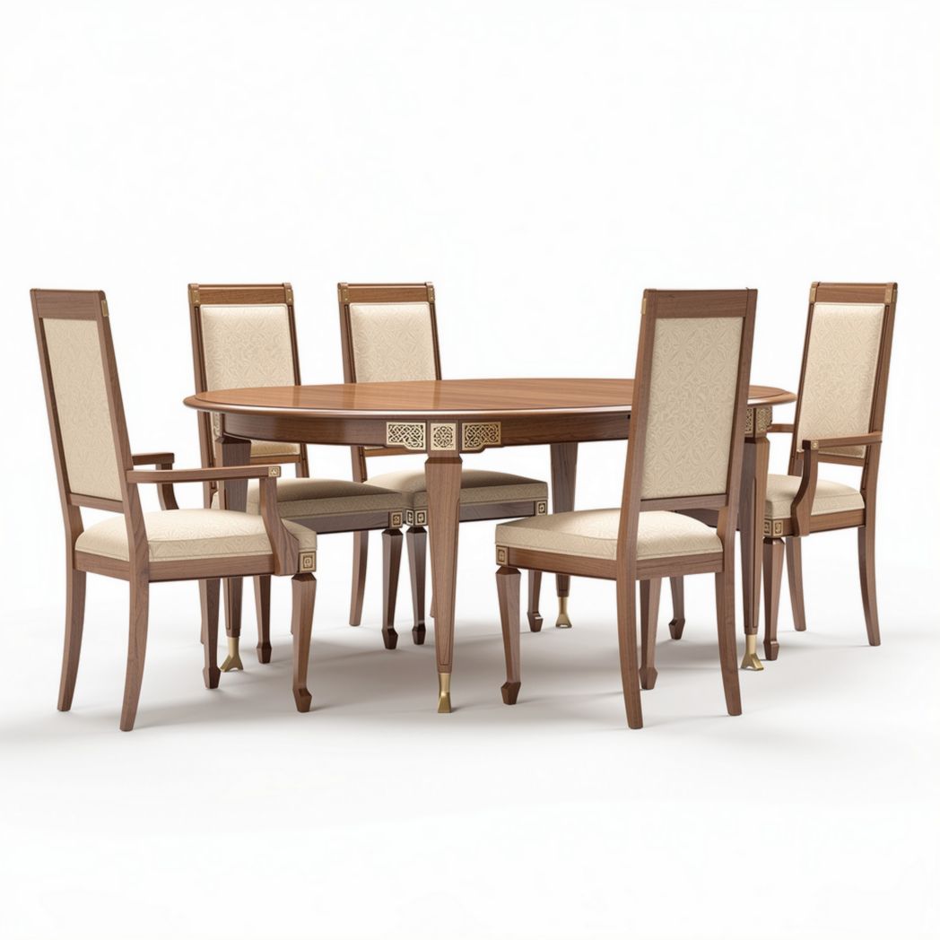 Conjunto de mesa ovalada em madeira com seis cadeiras estofadas tamanho 120 x 80 x 75cm
