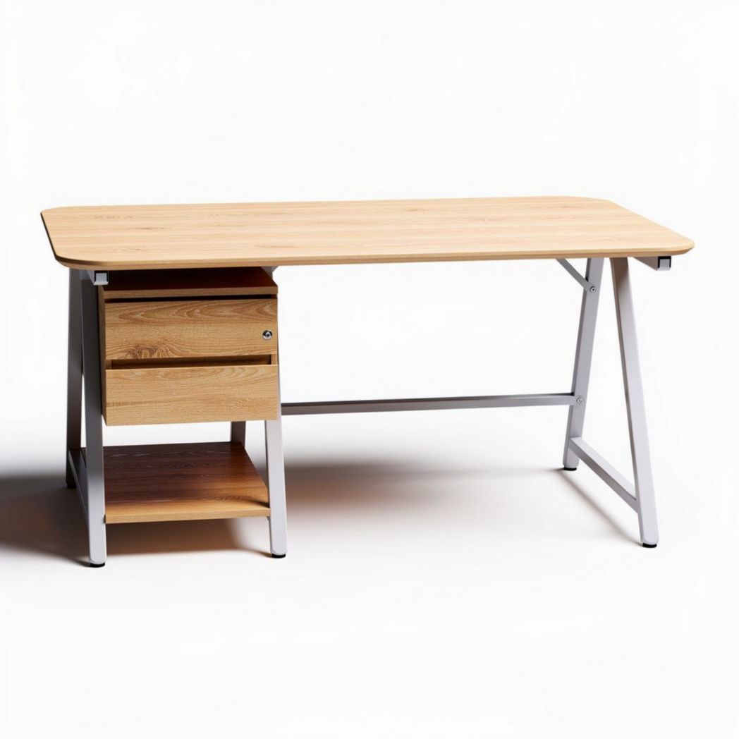 Escrivaninha de madeira com estrutura metálica 150 x 75 x 75cm e gavetas organizadoras
