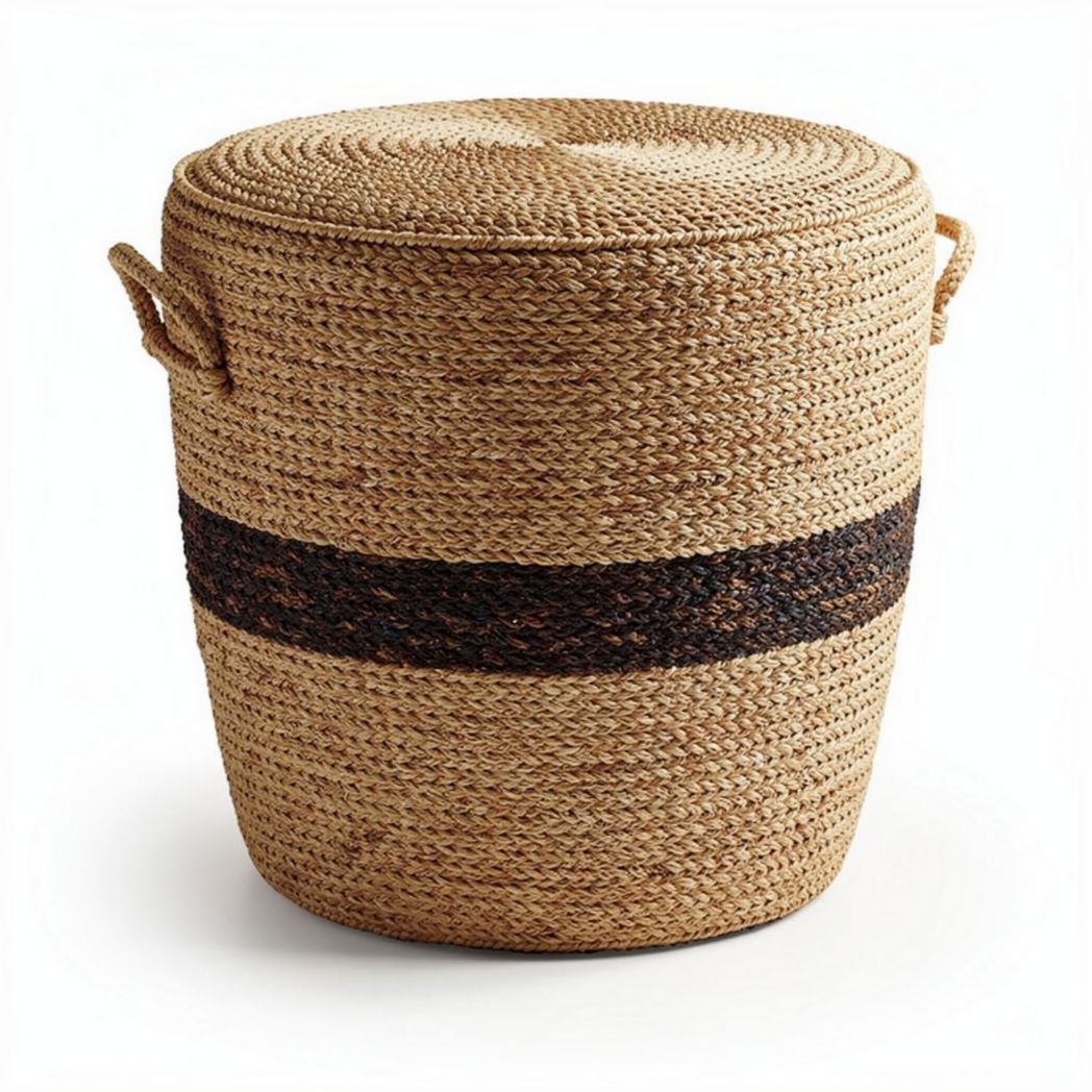 Cesto de armazenamento em fibra natural com detalhes em marrom 30 x 30 x 35cm